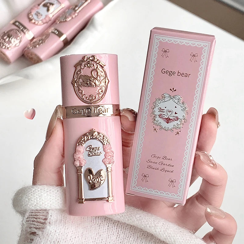 Gege Bear Strawberry Cupid Pink Pop Set Velvet Matte Lip Cream Pressed Powder Liquid Blush Set Long Lasting Lightweight Makeu