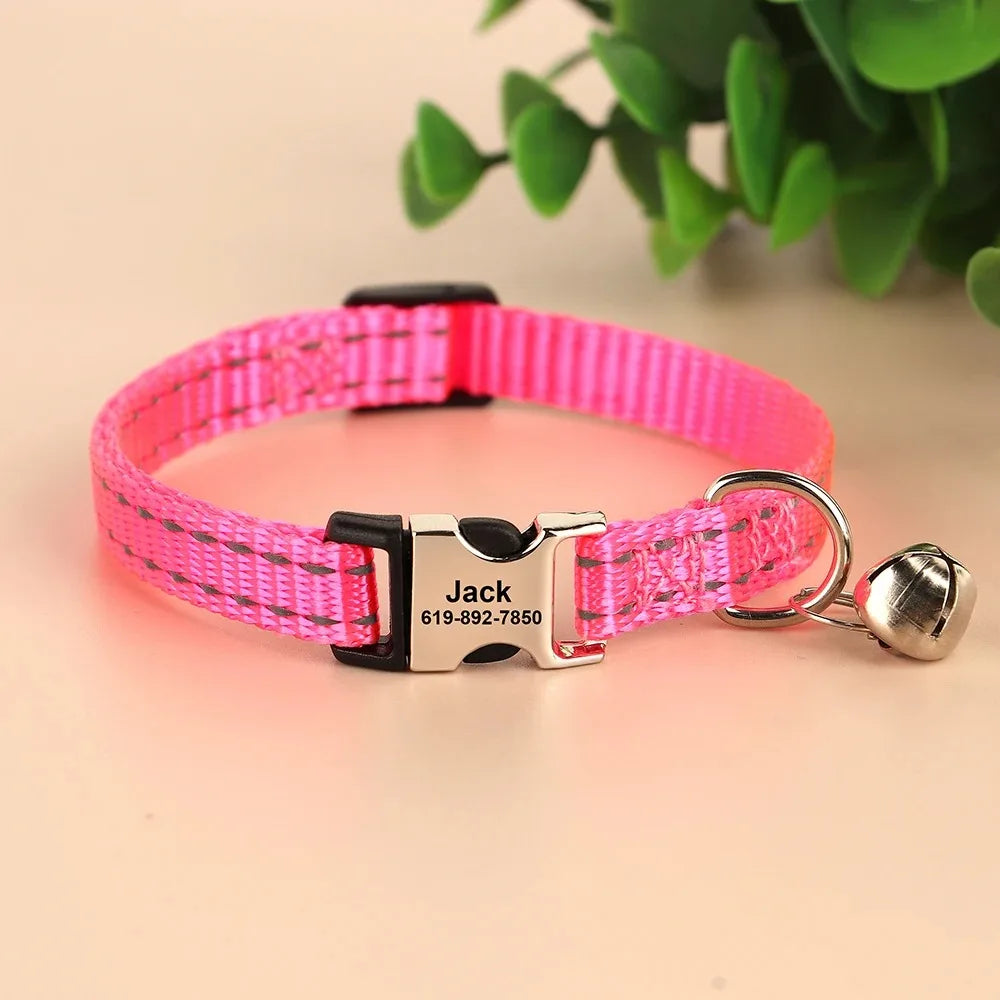 Personalized Name Cat Collar Reflective Nylon Dog Cats ID Collar With Bell Engraving Name for Small Cats Dogs Chihuahua 6 Colors