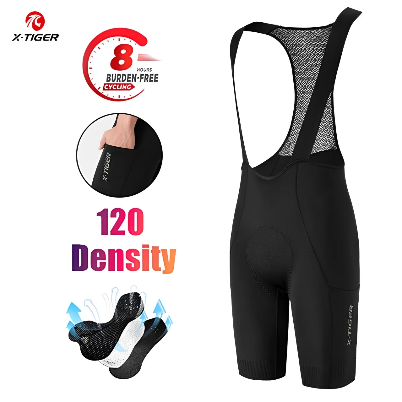 X-TIGER Men's Cycling Bib Shorts 120 Density Gel Cushion Mountain Road Bike Cycling Shorts Outdoor Casual Sports Bib Shorts