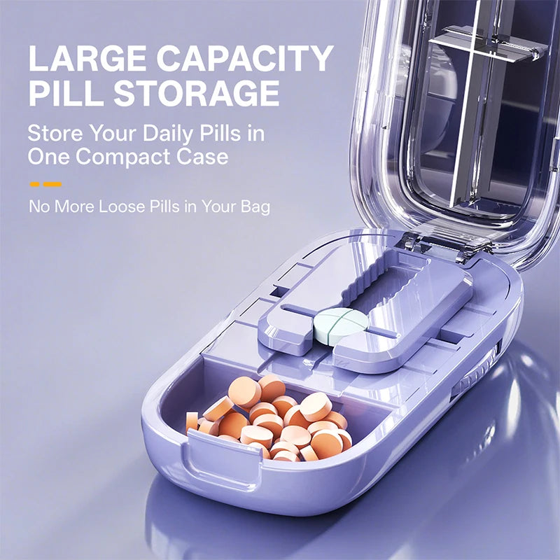 Pill Cutter & Storage Box – Quartering 1/2/1/31/4 Splitter, Portable Dustproof Tablet Divider Organizer with Crusher