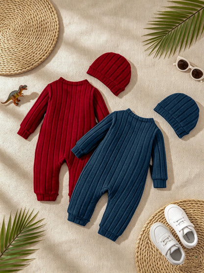 【Baby Boy】Autumn & Winter Red Onesie with Front Single-Breasted Buttons and Cute Bear Badge on Chest + Red Hat Set Featuring a W