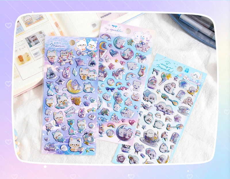 3 pcs/6 pcs Sweet Candy Pets Cat Coffee Cakes Flash Puffy 3D Stickers Scrapbooking Diy Diary Stationery Stickers School Supplies