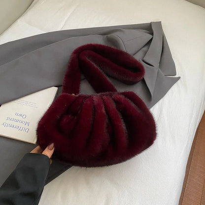 Fashionable Wrinkled Cloud Bag Soft Faux Fur Small Shoulder Bags for Women 2025 Winter Trend Korean Plush Handbags Crossbody Bag