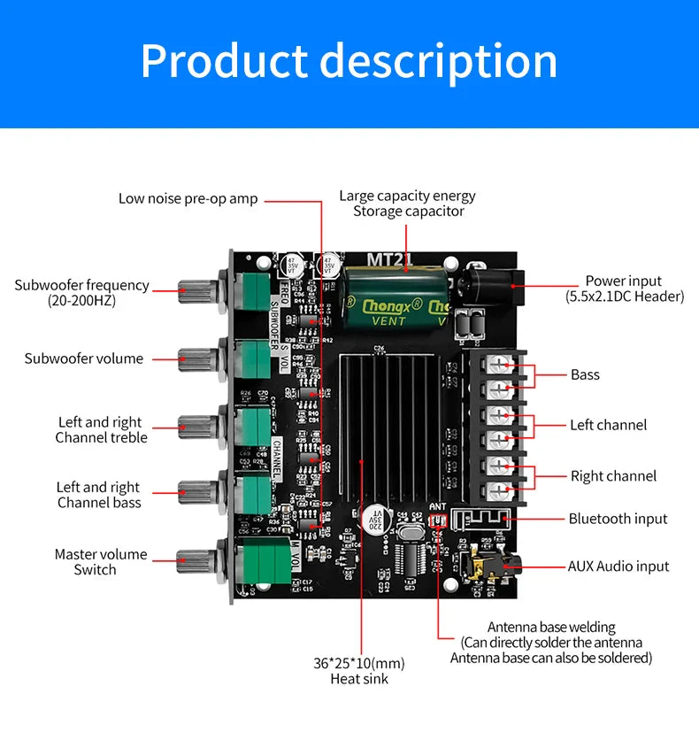 ZK-MT21 Channel Bluetooth 5.0 CS8673E 2.1 Subwoofer Amplifier Board 50W*2 +100W Power Audio Stereo Amplifier Board Bass AMP AUX