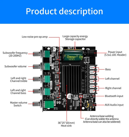 ZK-MT21 Channel Bluetooth 5.0 CS8673E 2.1 Subwoofer Amplifier Board 50W*2 +100W Power Audio Stereo Amplifier Board Bass AMP AUX
