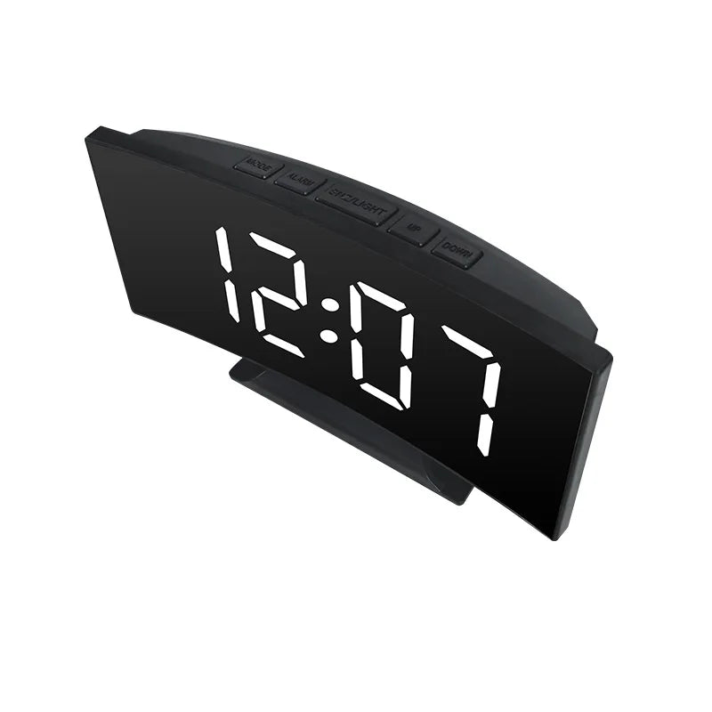 Curved Screen Clock Digital Led Alarm Clock with Temperature Display Large Mirror Clock Snooze Bedside Table Clock Room Decor