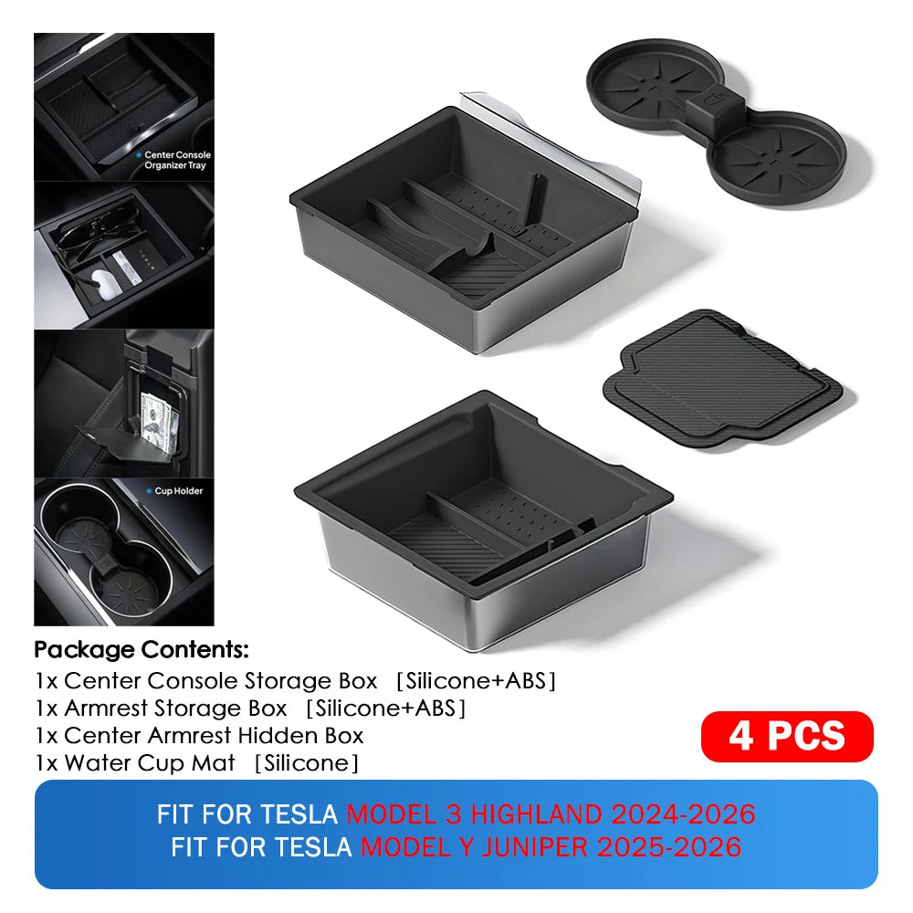 Heenvn For Tesla Model Y Juniper & Model 3 Highland 2025-2026 ABS Center Console Organizer Tray Armrest Storage Box Accessories