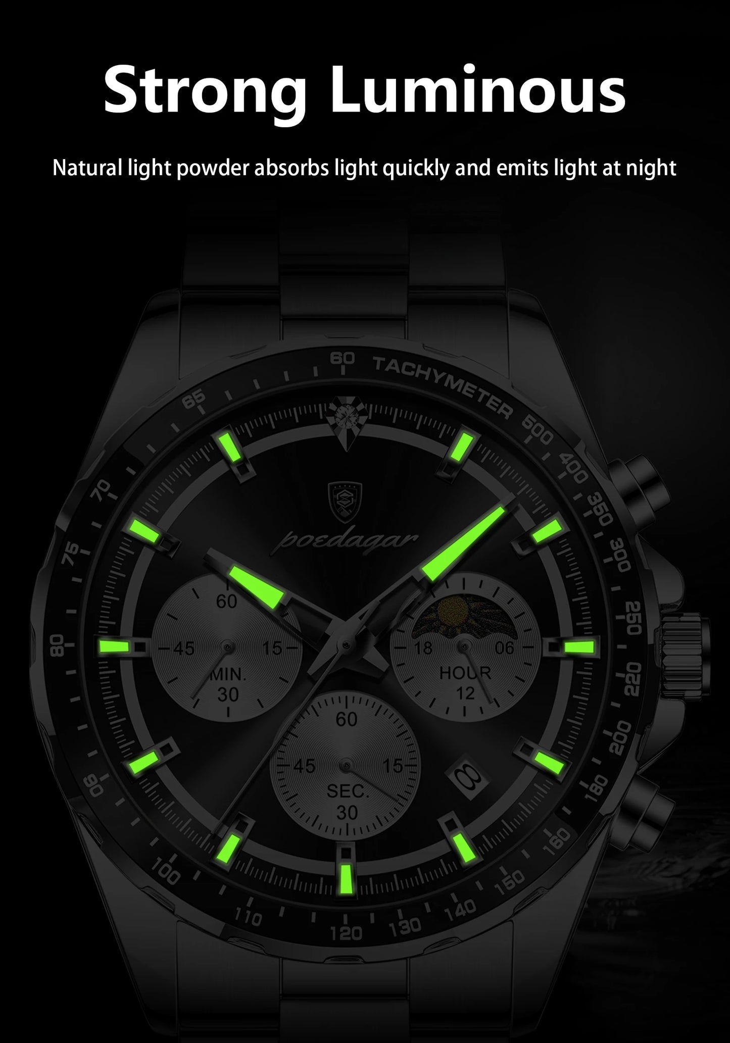 POEDAGAR Business Brand Man Wristwatch Waterproof Stainless Steel Luminous Men Watch Chronograph Date Men's Quartz Watches Reloj