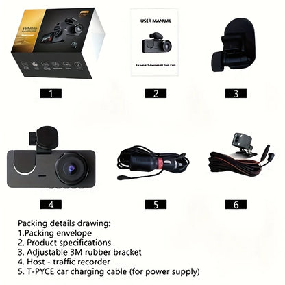 3 Channel Car Camera，Triple Lens WiFi Dashcam, 1080P HD Video Recorder, Night Vision, Car DVR with Wide Angle for Front and Rea