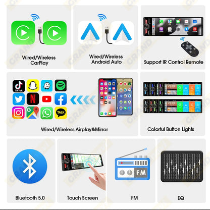 6.5 Inch 1Din IPS Screen Wireless Carplay Android Auto Airplay Car Radio MP5 Player Stereo Bluetooth FM Type-C PD3.0 Fast Charge