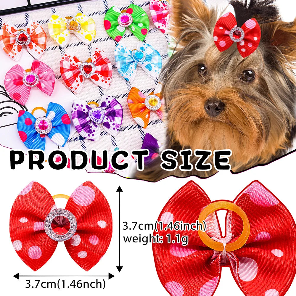 20pcs Dog Hair Bows Dog Bows with Diamond Colorful Grooming Rubber Band for Small Dog Pet Girls Grooming Hair Accessories