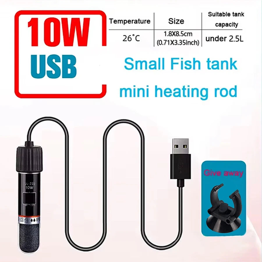 USB Mini Aquarium Heating Rod For Small Fish Tank 26°C Constant Temperature Aquarium Heater Submersible Thermostat Heater 10W