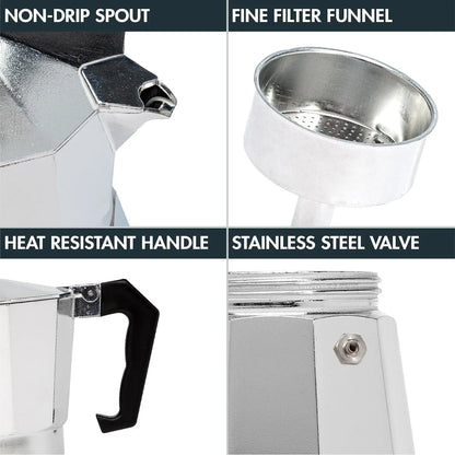 Classic Stovetop Moka Pot, Aluminum Espresso Maker with Replacement Parts, Cuban Coffee Maker for Home & Camping Use