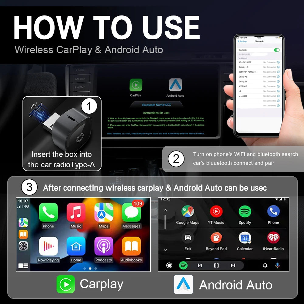 XUDA 2in1 Wireless CarPlay Adapter Android Auto AI Smart Box Car Intelligent Systems For VW Toyota Nissan Honda Ford Benz