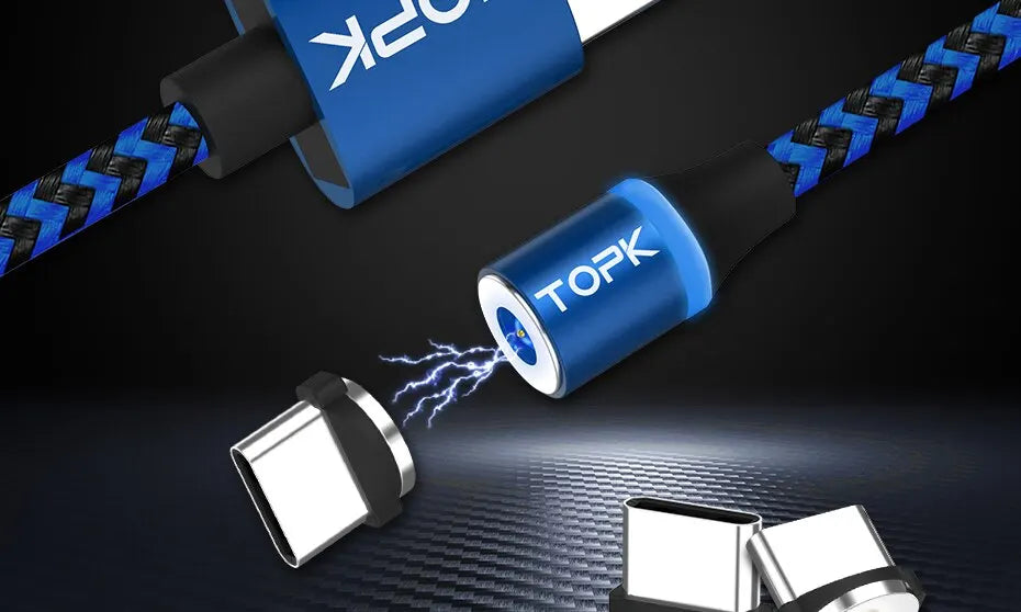 Magnetic Charging Cable 3 IN 1 TOPK 360 Rotation Magnetic Phone Charger Cable with LED Light for Micro USB Type C Cable