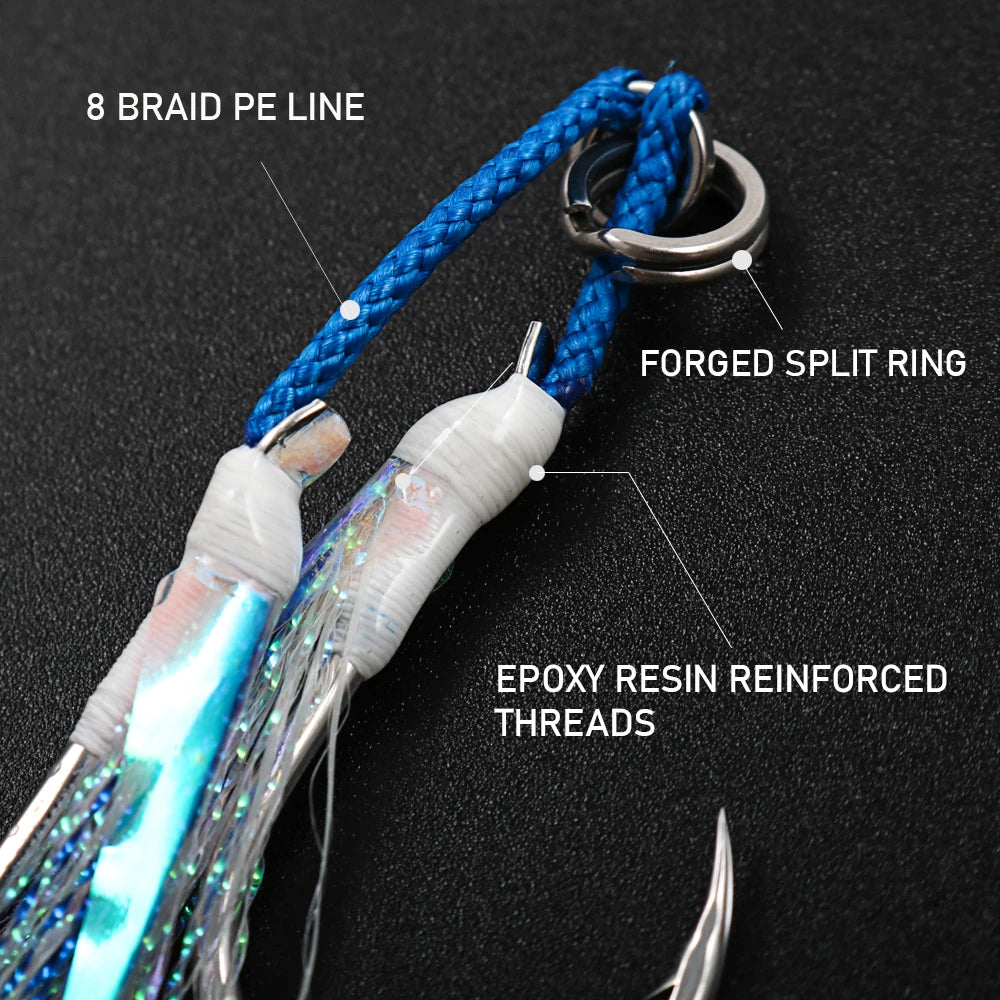 JIGGING PRO Twin Assist Hooks 1/0 2/0 3/0 4/0 Double Barbed BKK High Carbon Steel Fishing Hook With Glow Feather Jigging Hook