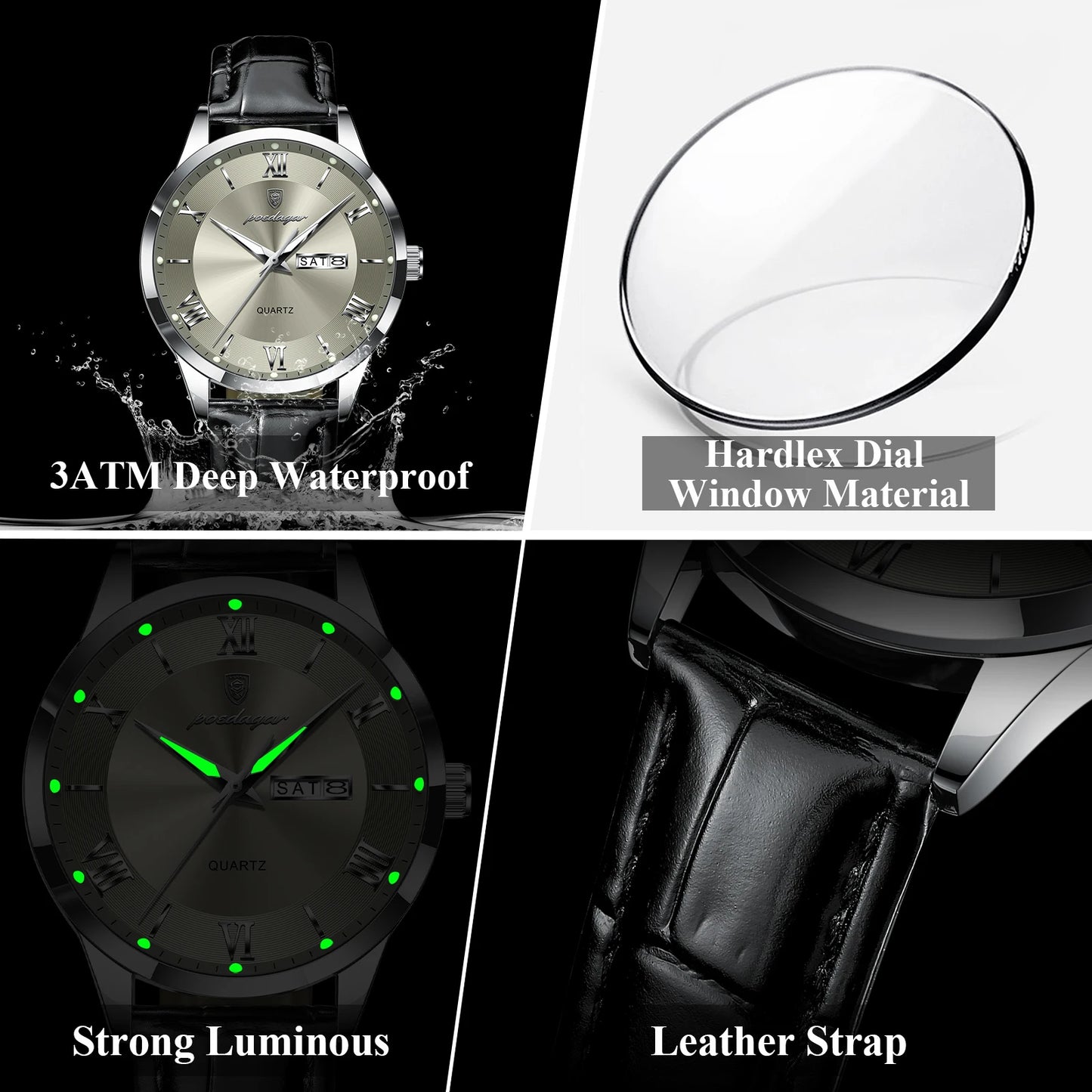 POEDAGAR Business Brand Men Clock Waterproof Luminous Date Week Fashion Man Wristwatch Leather Luxury Men's Quartz Watches Reloj