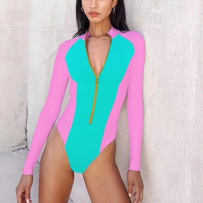 New Patchwork One-Piece Swimsuit Long Sleeve Swimwear Sports Backless Women's Swimming Bathing Suit Beach Wear Bather Surfing