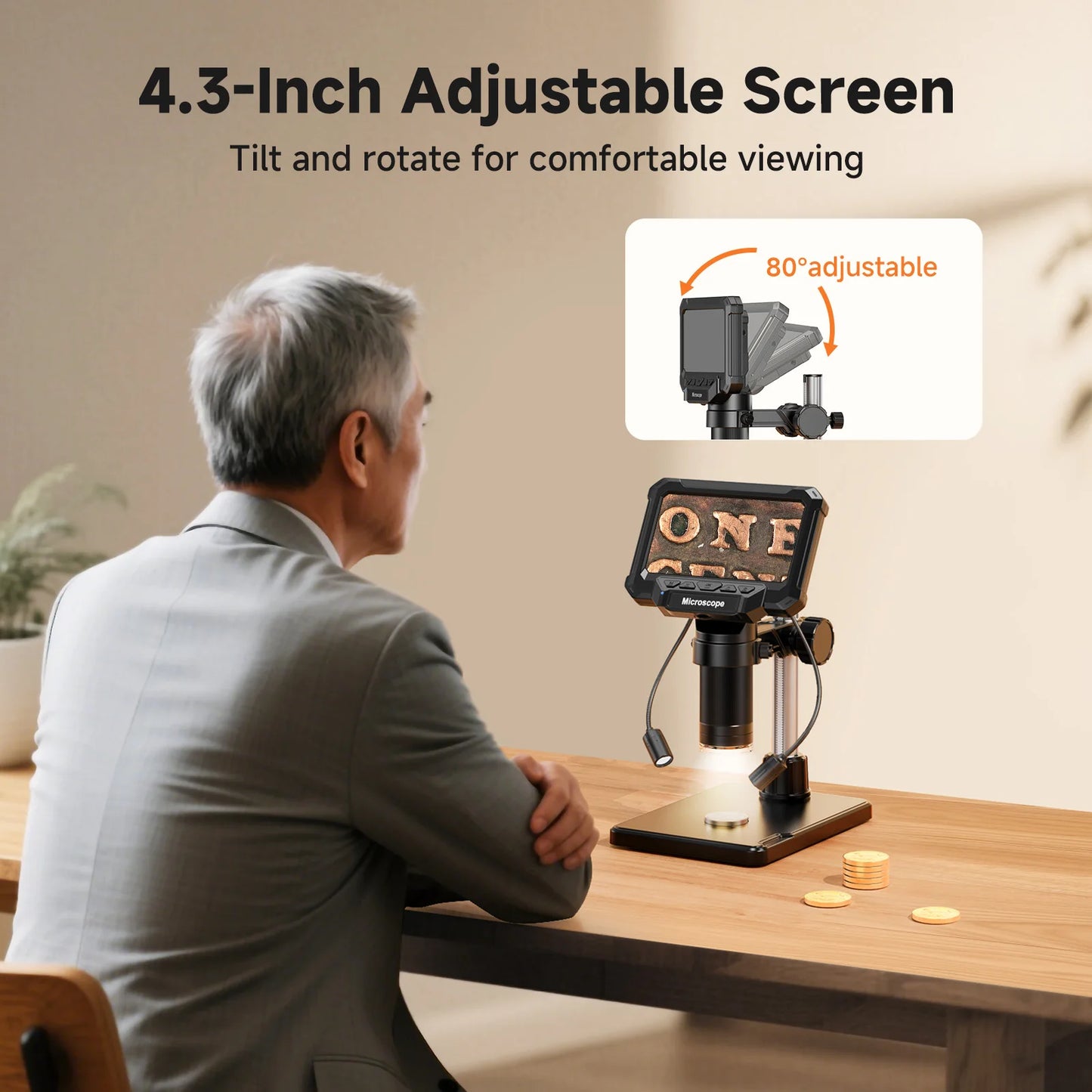 Digital Microscope with 4.3inch IPS Screen 1600X Coin Mirroscope with Lights 1920P HD Video Microscope for PCB, Coins, Plants
