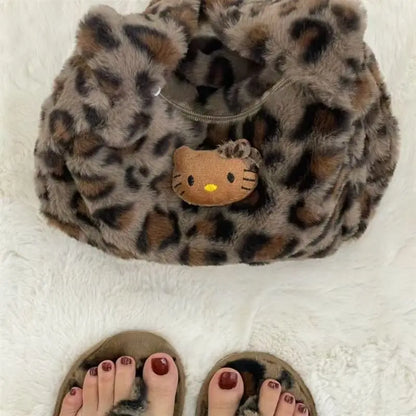 Hello Kitty leopard print plush fashion cute handbag for girls shoulder bag armpit handbag lightweight and durable gift forgirls