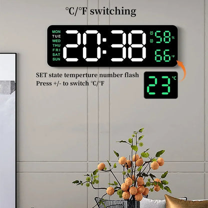 9 Inch Large Digital Wall Clock USB Powered TEMP Humidity Week Auto Dimmer DST Table Clock 12/24H Electronic LED Alarm Clock