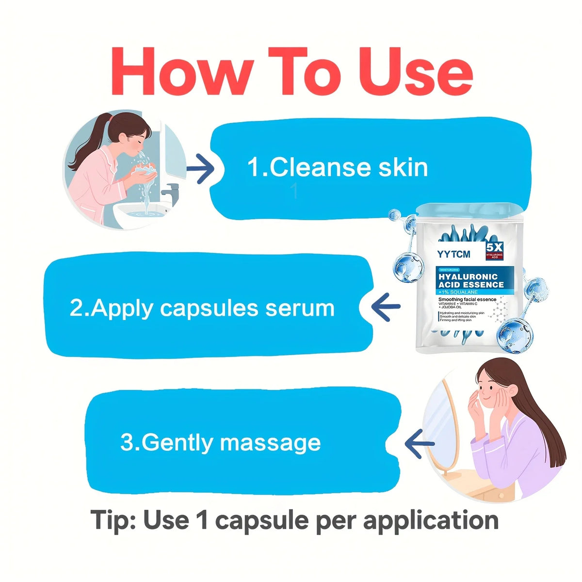 Hyaluronic Acid Deep Moisturizing Capsule Essence, Deep Moisturizing and Brightening Skin Essence (0.4g X 30 Capsules)/Bag - 1 B