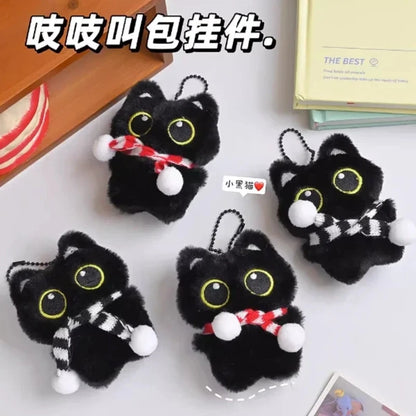 New Kawaii Big Eyes Cat Plush Doll With Scarf Black Cat Keychain Bag Pendant Cartoon Kitten Ornament Festival Gift For Friends