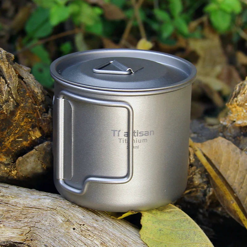 Tiartisan 350ml 750ml Tatinium Cup Hiking Tableware Fodable Handle Coffee Cups with lids Lightweight Frosted Cup Mugs
