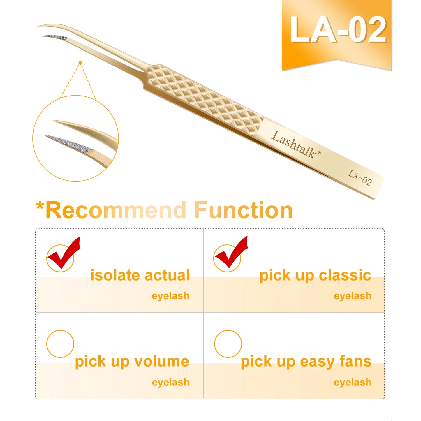 Lashtalk Precision Fiber Tip Tweezer Eyelash Extensions Diamond Grip Anti-Slip Premium Gold Stainless Steel Makeup With Box Pack
