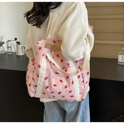 Fashion Corduroy Shoulder Bag for Women, Cute Printed Handbag, Casual Commuter & Shopping Purse, Trendy Underarm Bag