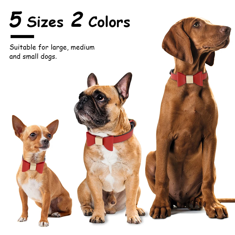 Custom PU Leather Dog Collar Soft Bowknot Pet Collars Engraved Name Puppy Cat Necklace Anti-lost for Small Medium Large Dogs Pug