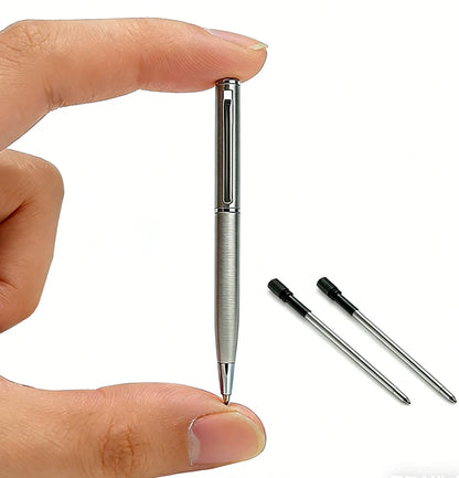 Mini Stainless Steel Metal Ballpoint Pen with 10 Replacement Refills Set, Portable Pocket Ballpen Compact Short Pen for Wallet