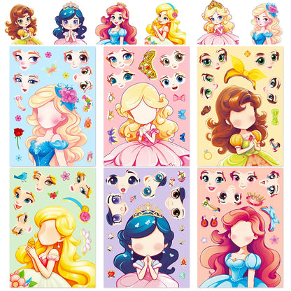 6-42Sheets Children DIY Puzzle Sticker Games 6 Princess Mermaid Make A Face Funny Assemble Jigsaw Stickers Kids Educational Toys