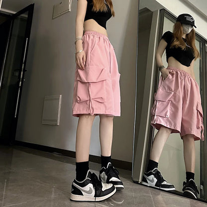 ZOKI Women High Waist Cargo Shorts American Style Streetwear Summer Wide Leg Pants Fashion Female Big Pocket Loose Shorts New