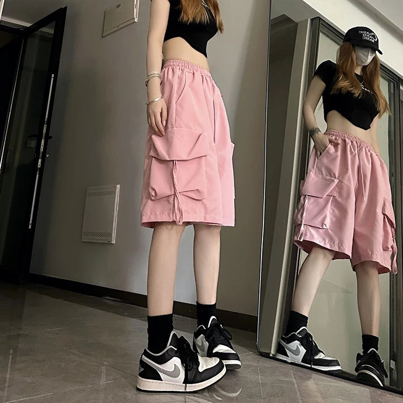 ZOKI Women High Waist Cargo Shorts American Style Streetwear Summer Wide Leg Pants Fashion Female Big Pocket Loose Shorts New