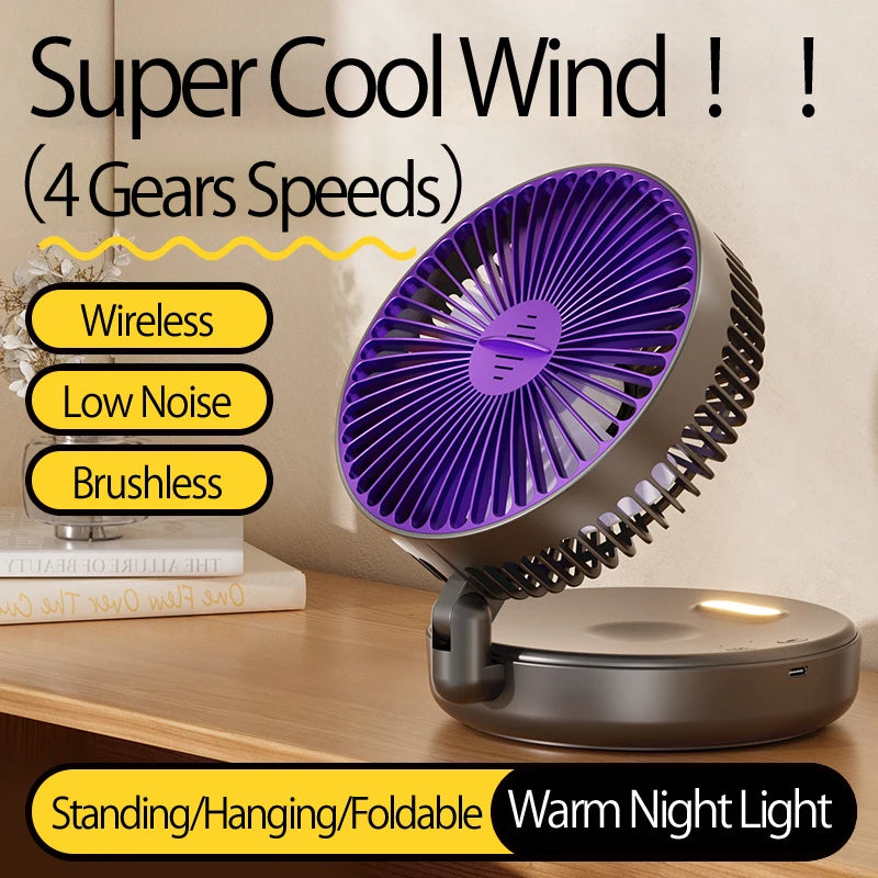 2024 New Rechargeable 3IN1 Multifunctional Portable Fan Wall Mounted Fan 90° Folding Fan 4 Gears With Warm Night Light