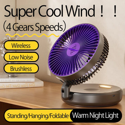 2024 New Rechargeable 3IN1 Multifunctional Portable Fan Wall Mounted Fan 90° Folding Fan 4 Gears With Warm Night Light