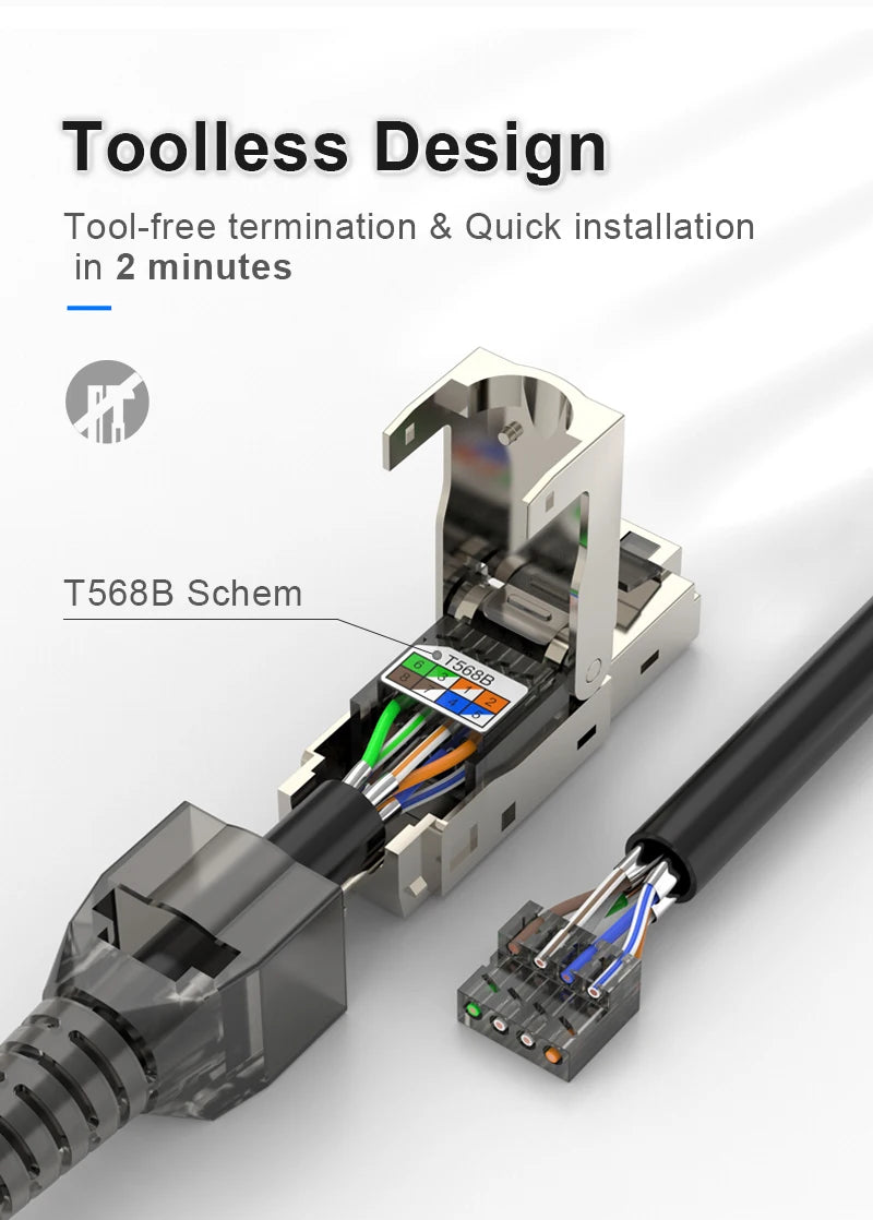 RJ45 Cat8 Cat7 Cat6A Connectors Metal Tool Free Easy Termination Plug 2000MHz 40G LAN Cable 22AWG - 24AWG Reusable Ethernet Plug