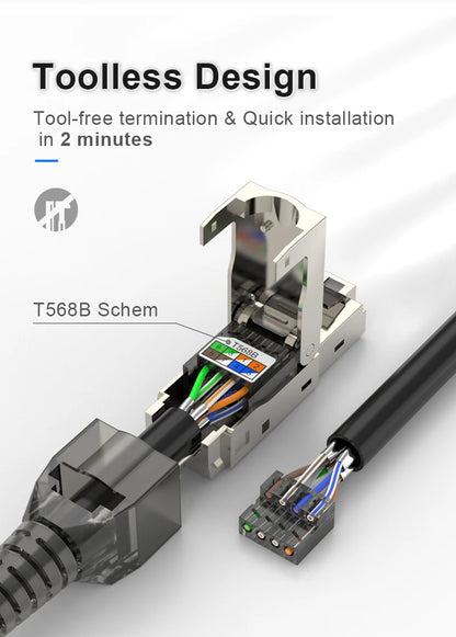 RJ45 Cat8 Cat7 Cat6A Connectors Metal Tool Free Easy Termination Plug 2000MHz 40G LAN Cable 22AWG - 24AWG Reusable Ethernet Plug