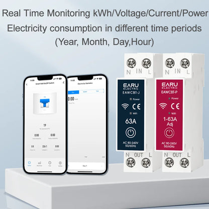 Tuya MCB WiFi Smart Circuit Breaker 1P+N 63A Timer Power Energy kWh Voltage Current Meter Protector Voice Remote Control Switch