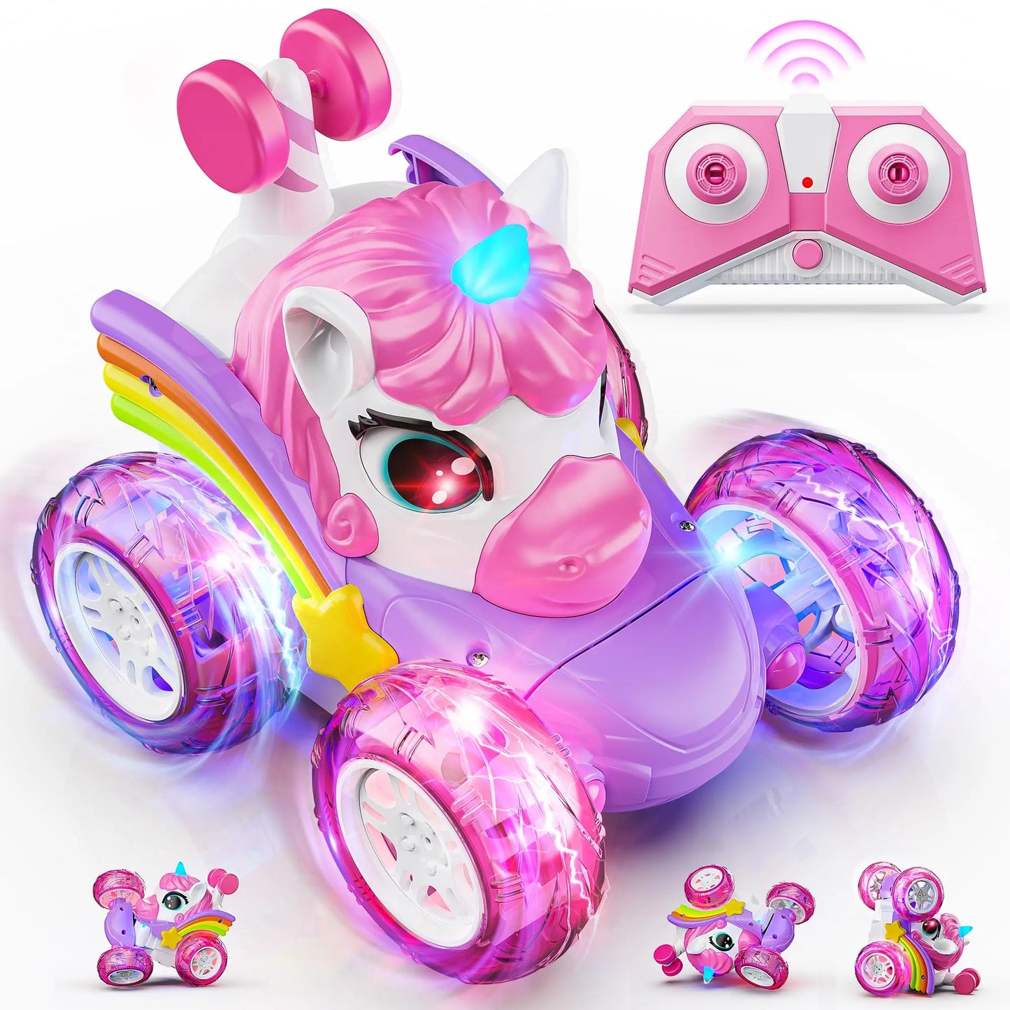 2.4G Lighting unicorn Remote Control Stunt Dump Truck Chase Light Twist Change Car Drift Dancing Toy Car, Children's New Year Bi
