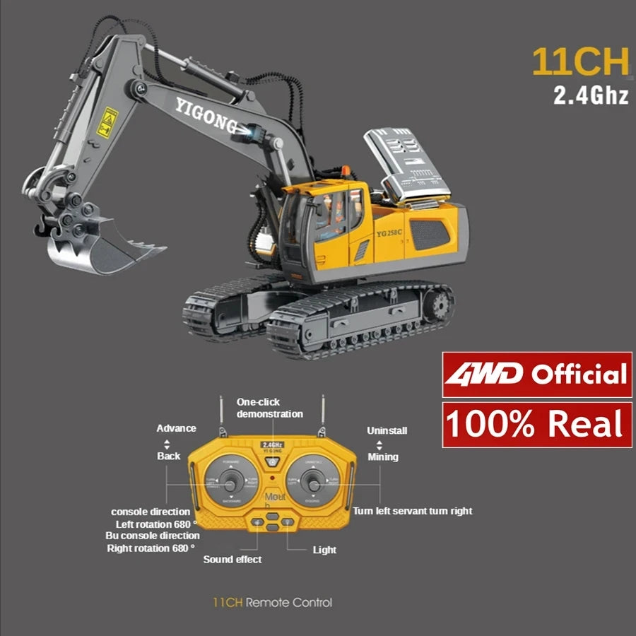 4WD Remote Control Excavator Toy Radio Controlled RC Dump Truck Vehicle Crawler Bulldozer Construction Buggy Light and Sound Car
