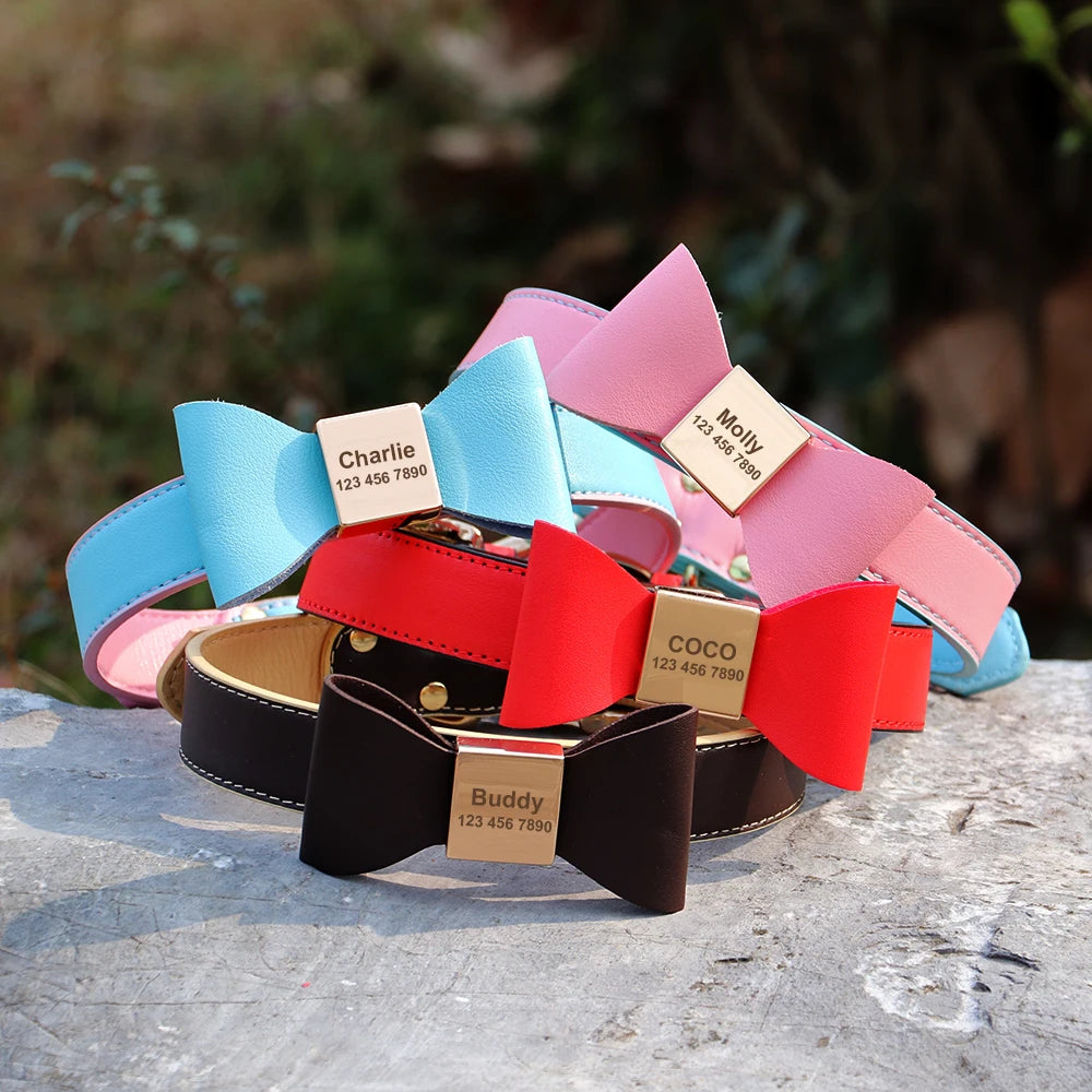 Custom PU Leather Dog Collar Soft Bowknot Pet Collars Engraved Name Puppy Cat Necklace Anti-lost for Small Medium Large Dogs Pug
