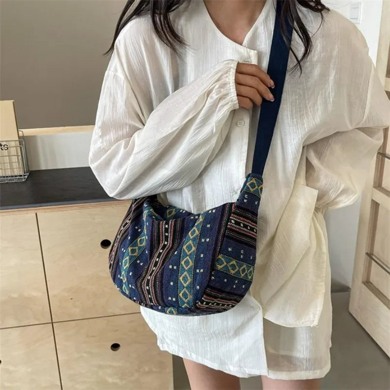 Tribal Style Shoulder Bag, Foldable Crossbody with Zipper Closure, Striped Pattern, Flag Theme Hand Washable Edge Painted Lining