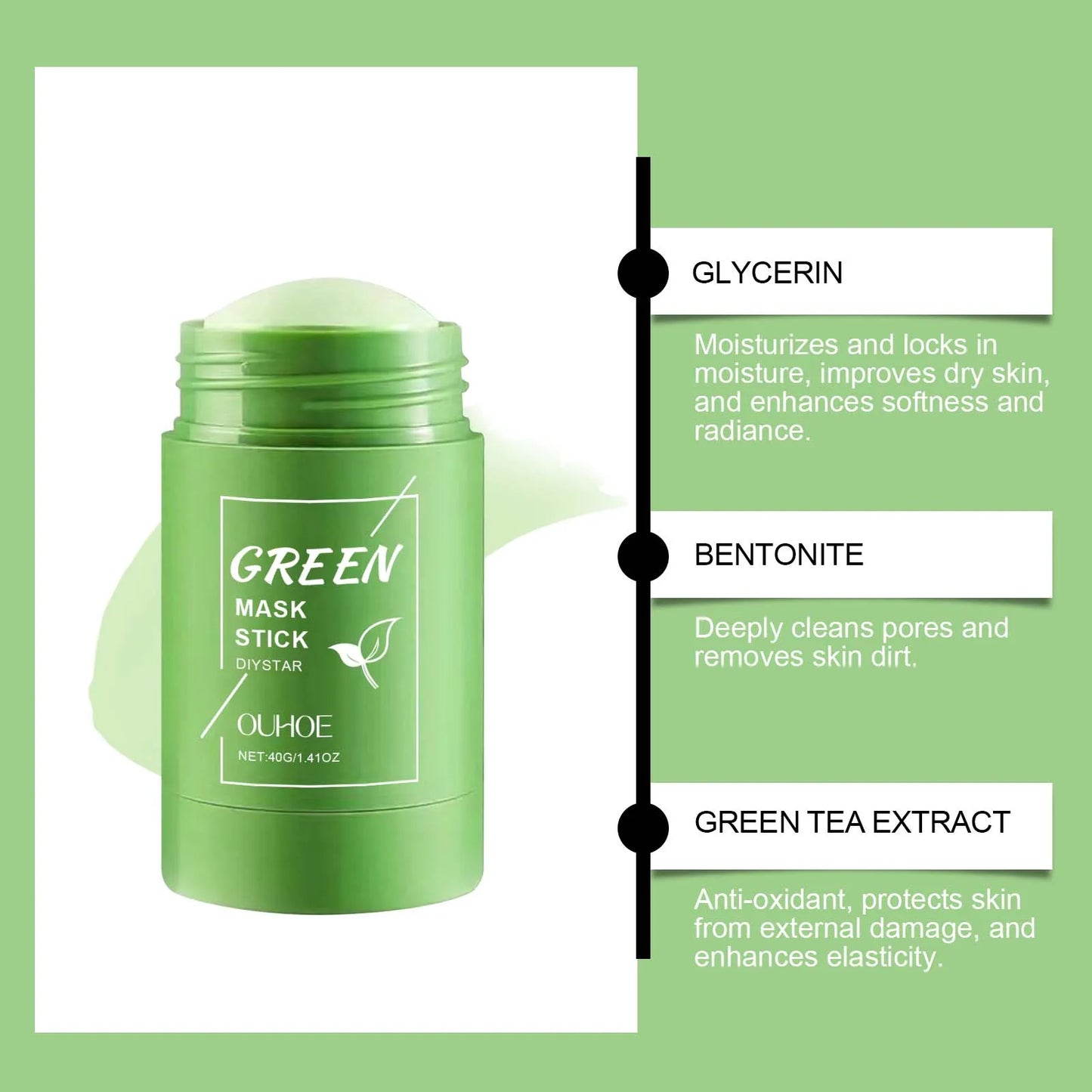 1~5PCS Green Tea Clay Stick For Face Green Mask Stick Smear Acne Shrink Blackhead Green Tea Extract Facial Mask Pore Cleansing