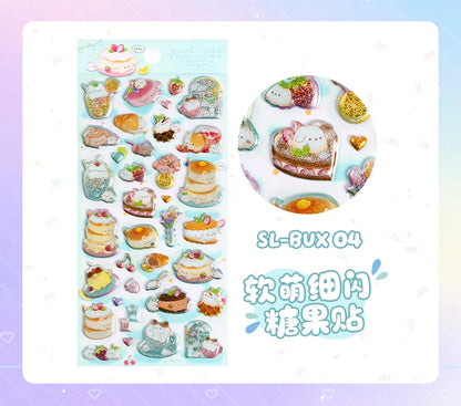 3 pcs/6 pcs Sweet Candy Pets Cat Coffee Cakes Flash Puffy 3D Stickers Scrapbooking Diy Diary Stationery Stickers School Supplies