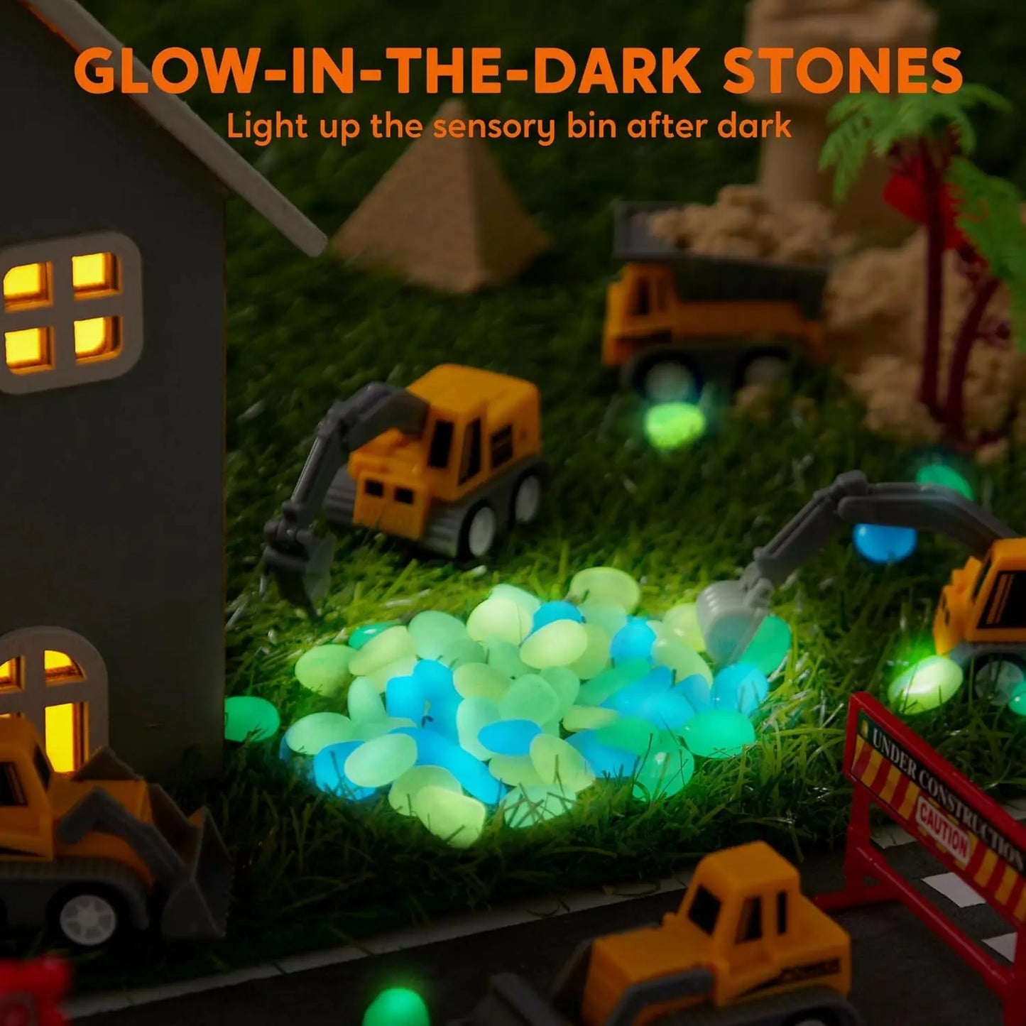 JOYFY Kids Glow in The Dark Construction Sensory Bin Stones Sandbox with Lid Castle Building kit for Kids Birthday Gifts