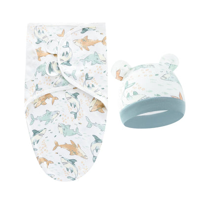 Baby Blanket Hat Set Cartoon Printed Cotton Newborn Swaddle Adjustable Infant Blankets Wraps Applicable All Seasons 0-6 Months