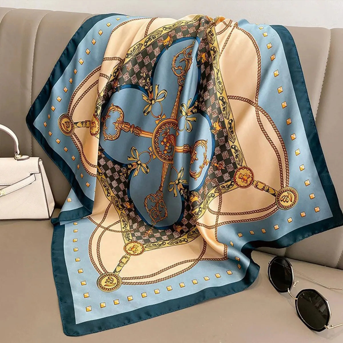 70x70cm Fashionable Korean Style Silk Square Scarf Satin Print Hairband Necktie Hair Accessory Headscarf Versatile Wrap Scarf