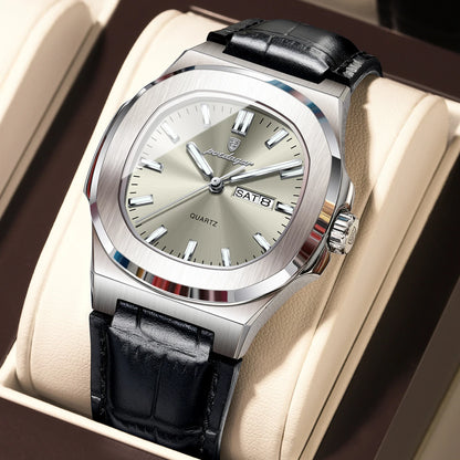 POEDAGAR Square Wristwatch For Men Luminous Waterproof Week Calendar Luxury Man Clock Leather Quartz Fashion Men's Watches Reloj